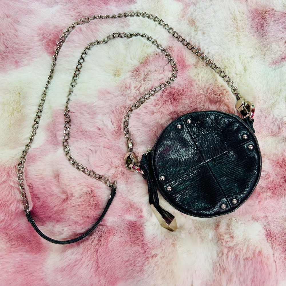 Junior Drake Black Snake Embossed Leather Round Crossbody Bag Studded Mini Purse